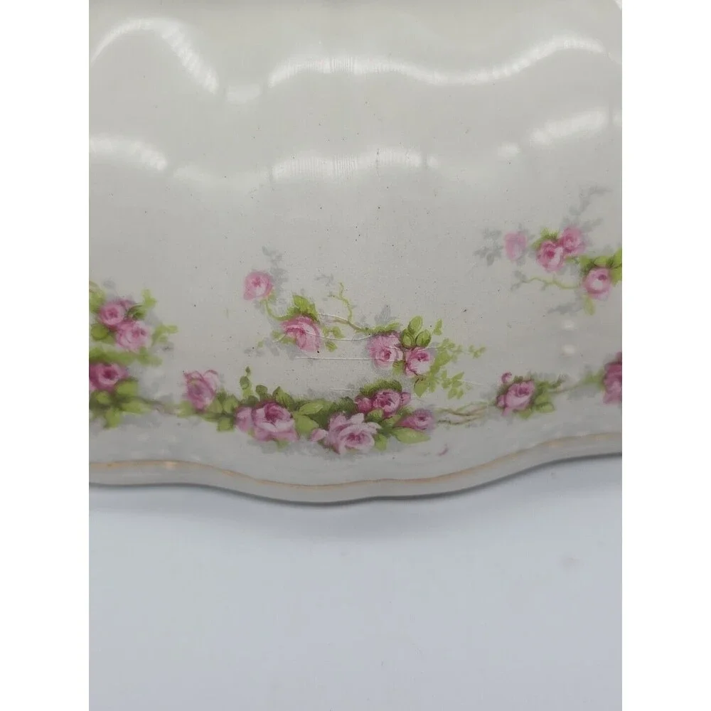 Vintage Dresden Semi Porcelain Two Handle Serving Bowl Rosesand Gold Trimmed